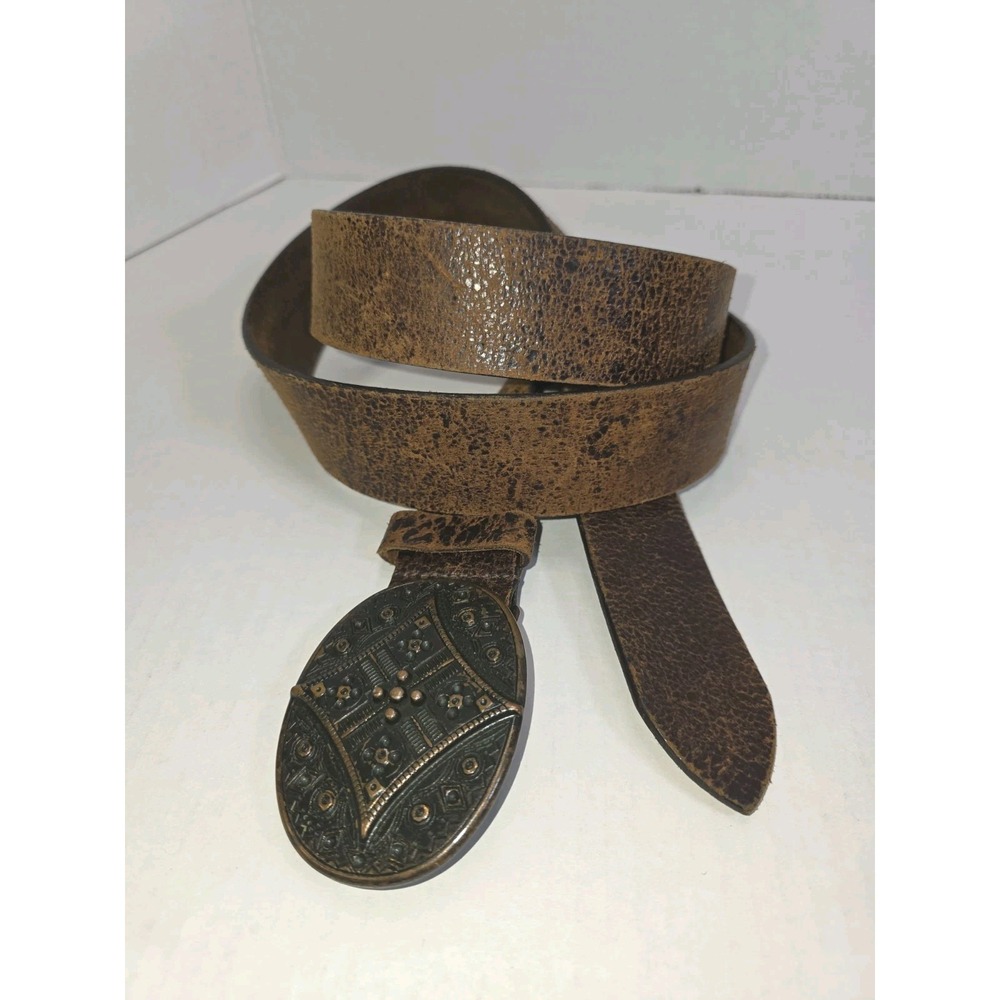 Cole Haan Leather Belt Bronze-toned Oval Concho Buckle Intricate Design Size 42
